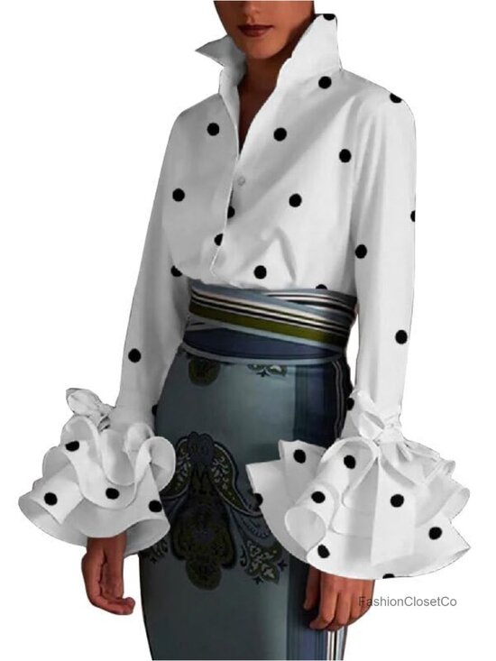 Tops - Women's Long Sleeve Blouse Button Down Shirt Flared Sleeves V-Neck Lightweight